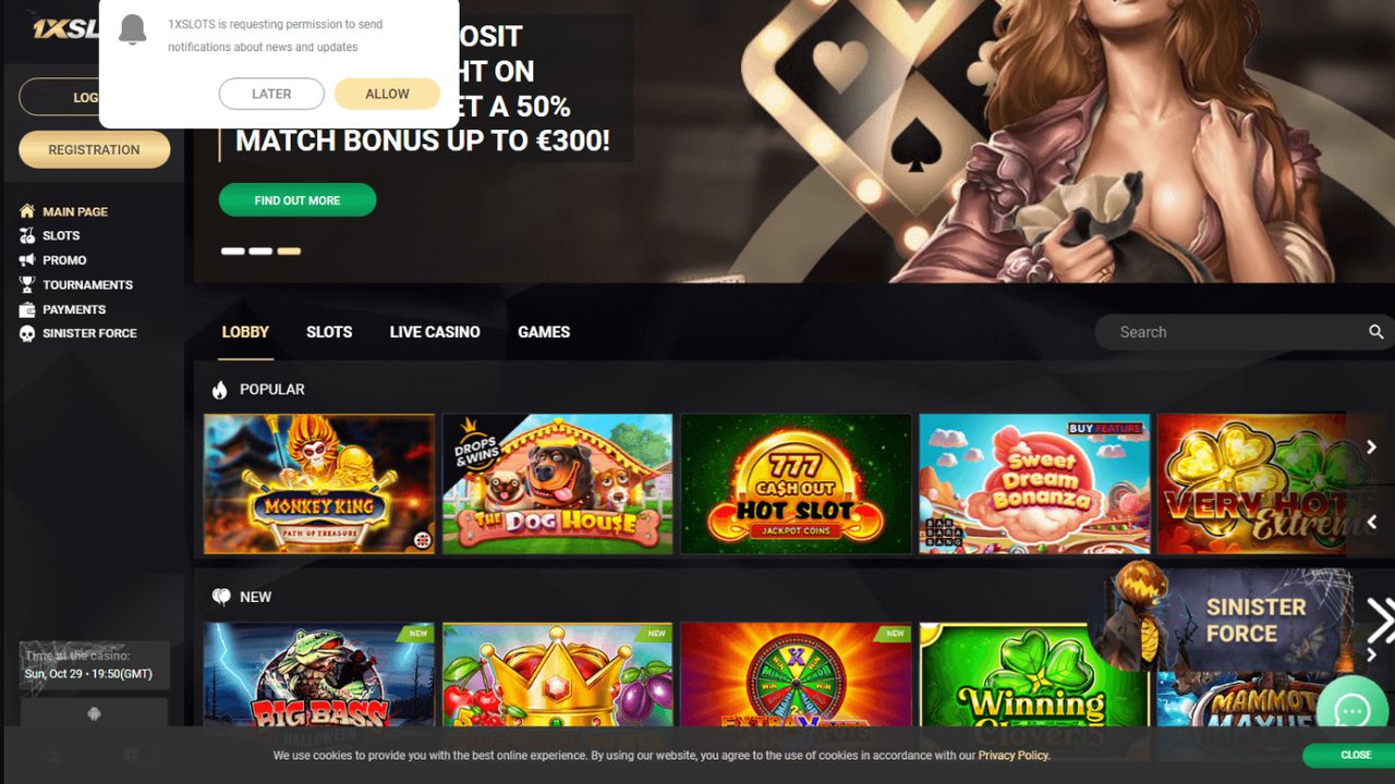 Lobby desktop 1xSlots Cassino com banner de bônus de boas-vindas