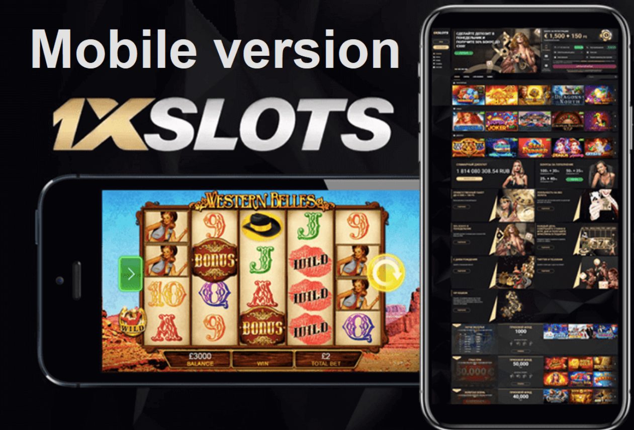 Versão mobile 1xSlots Cassino em telefones mostrando lobby e slots