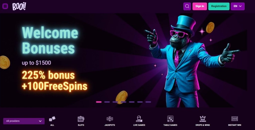 Booi Casino Startseite mit Welcome-Bonuses-Banner bis 1500 Dollar und 225 Prozent Bonus plus 100 Freispiele