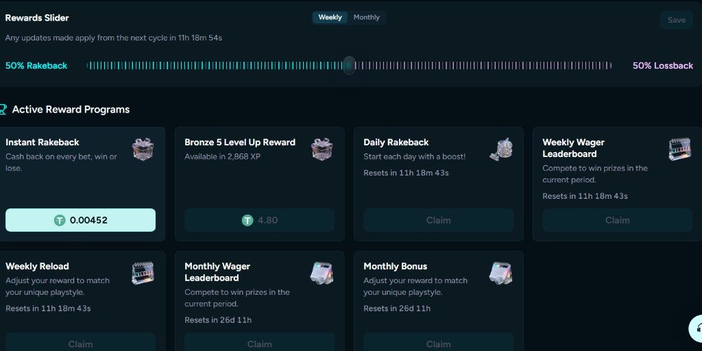 HouseBets rewards-liukusäädin 50 prosenttia rakeback ja 50 prosenttia lossback