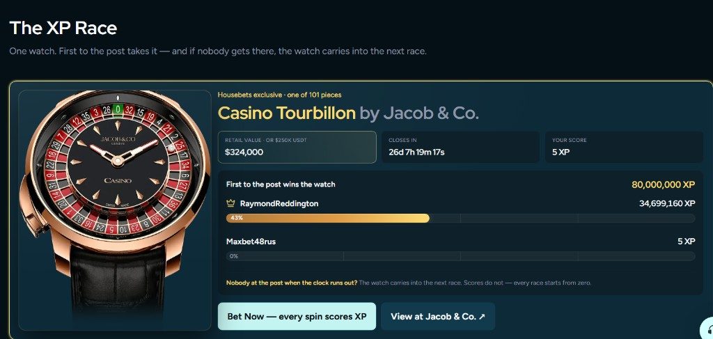 HouseBets XP Race -kampanja Jacob and Co Casino Tourbillon -kellolla