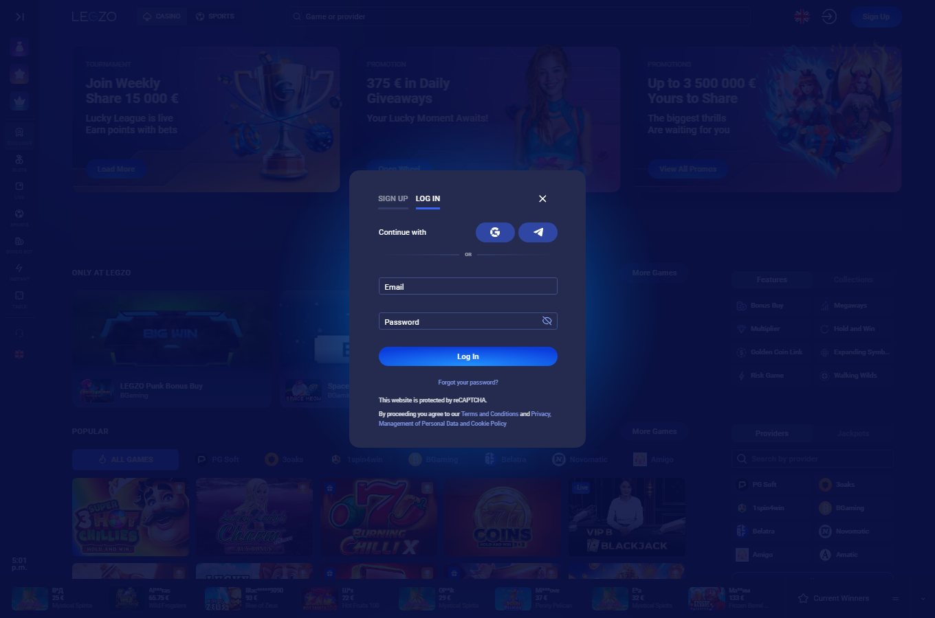 Legzo Casino official homepage welcome and lobby