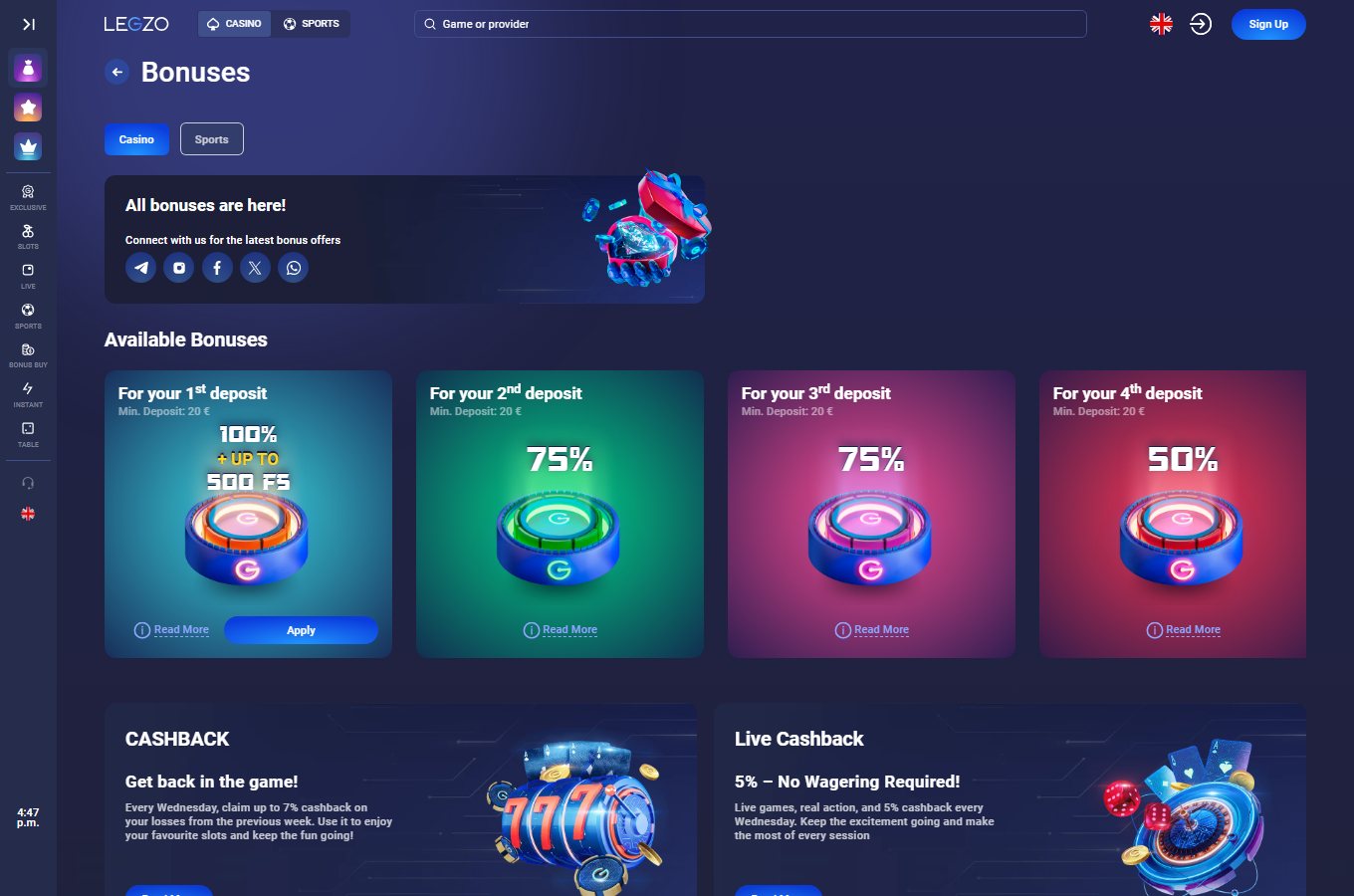 Legzo Casino bonuses page with deposit package tiers