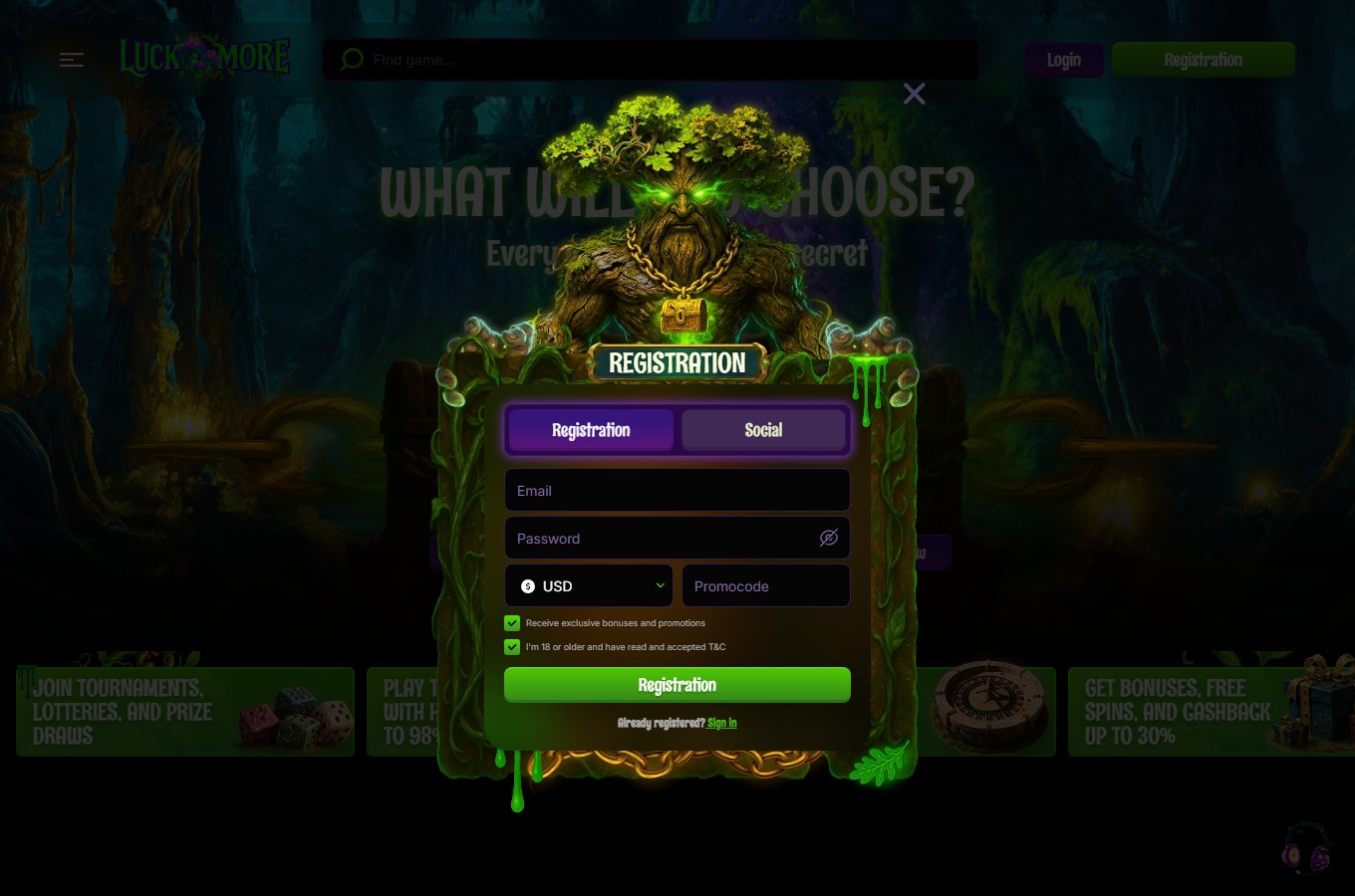 Luck More Casino official homepage welcome and bonus banner