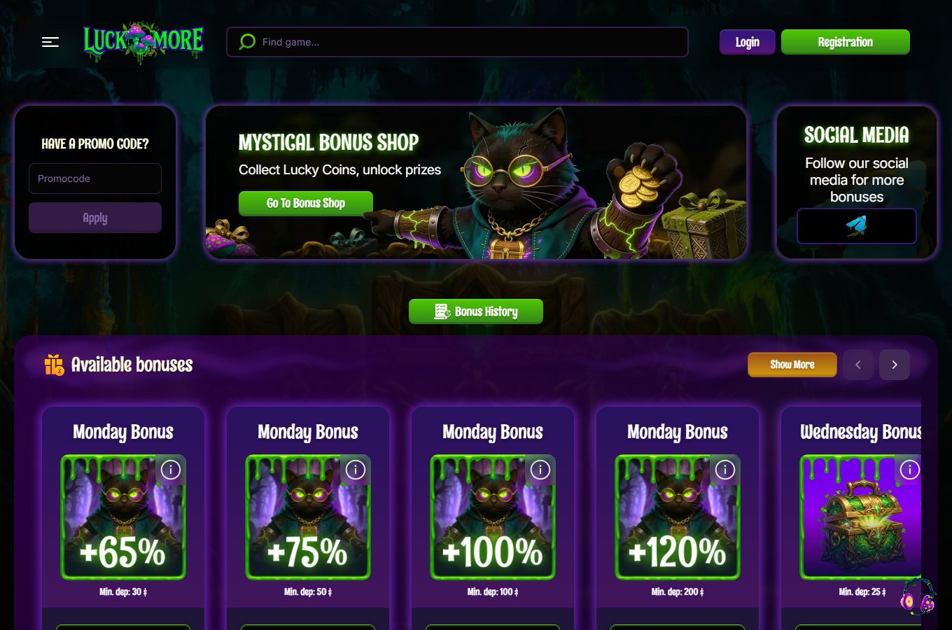 Luck More Casino bonuses and promotions page screenshot