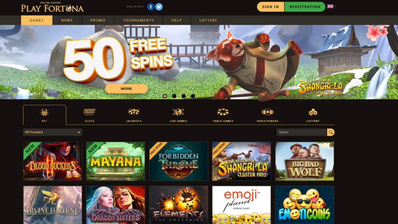 Play Fortuna Casino homepage lobby with free spins offer