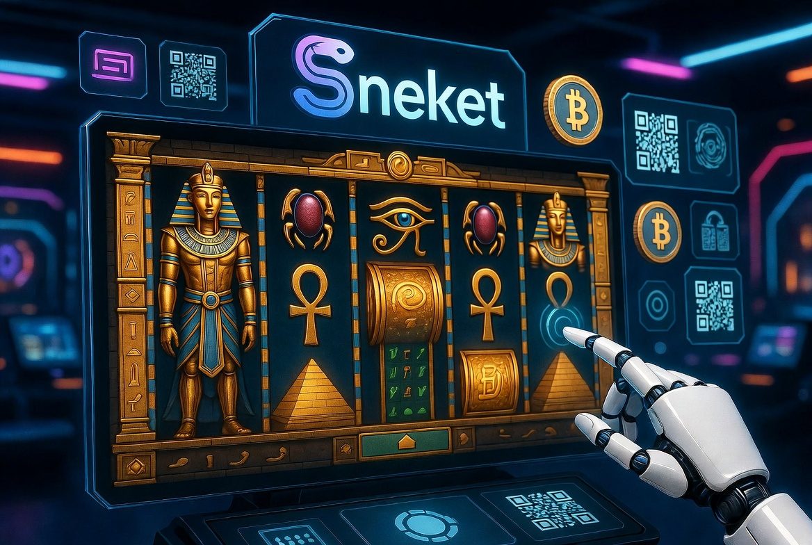 Sneket Casino futuristische ägyptische Slot-Oberfläche mit Bitcoin
