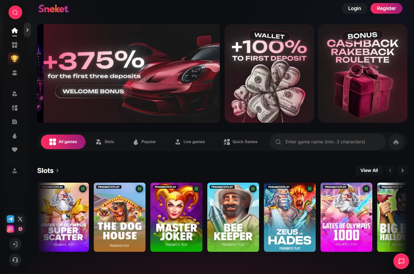 Offizielle Sneket Casino Homepage Willkommen und Lobby