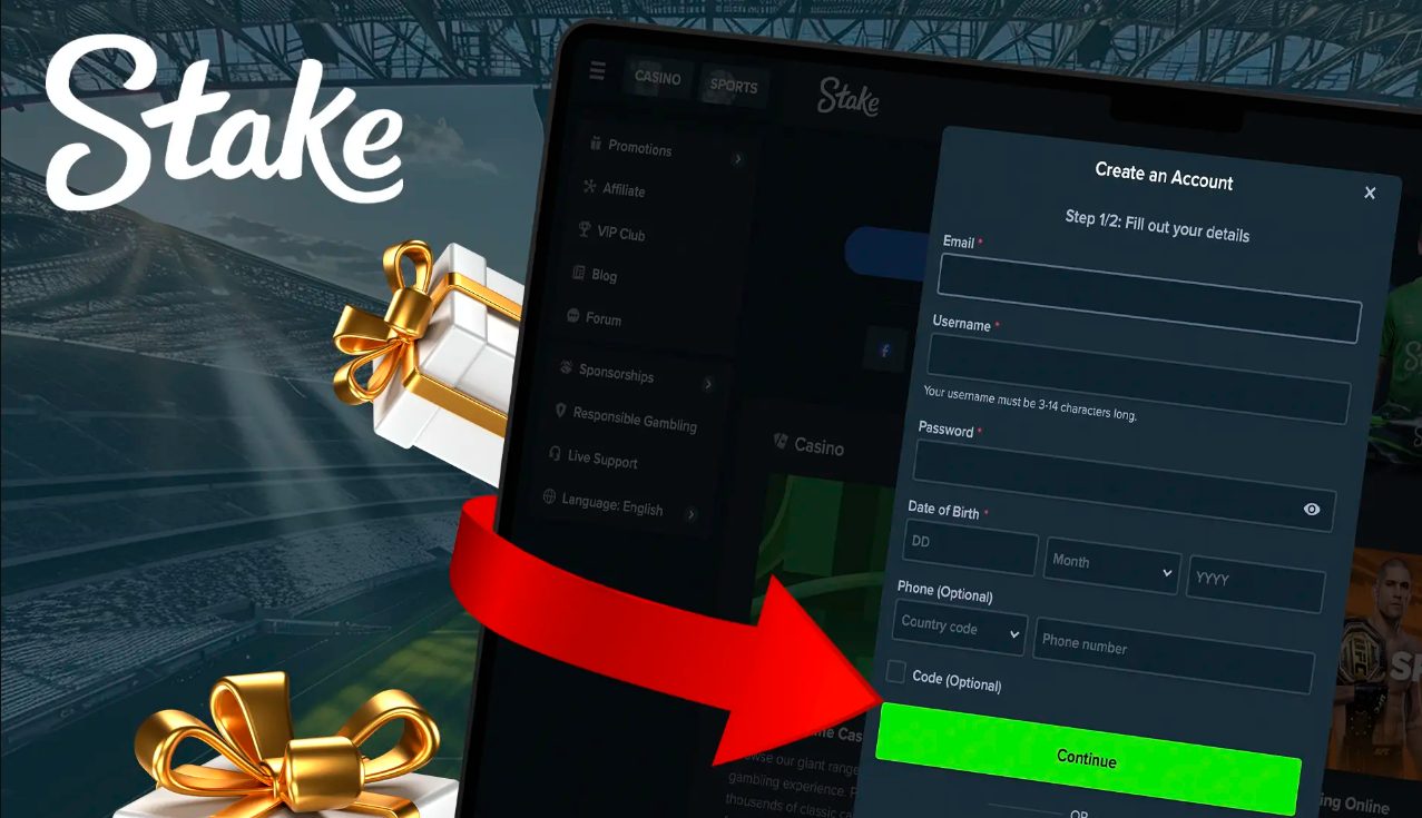 Stake Casinon rekisteröitymislomake Create an Account