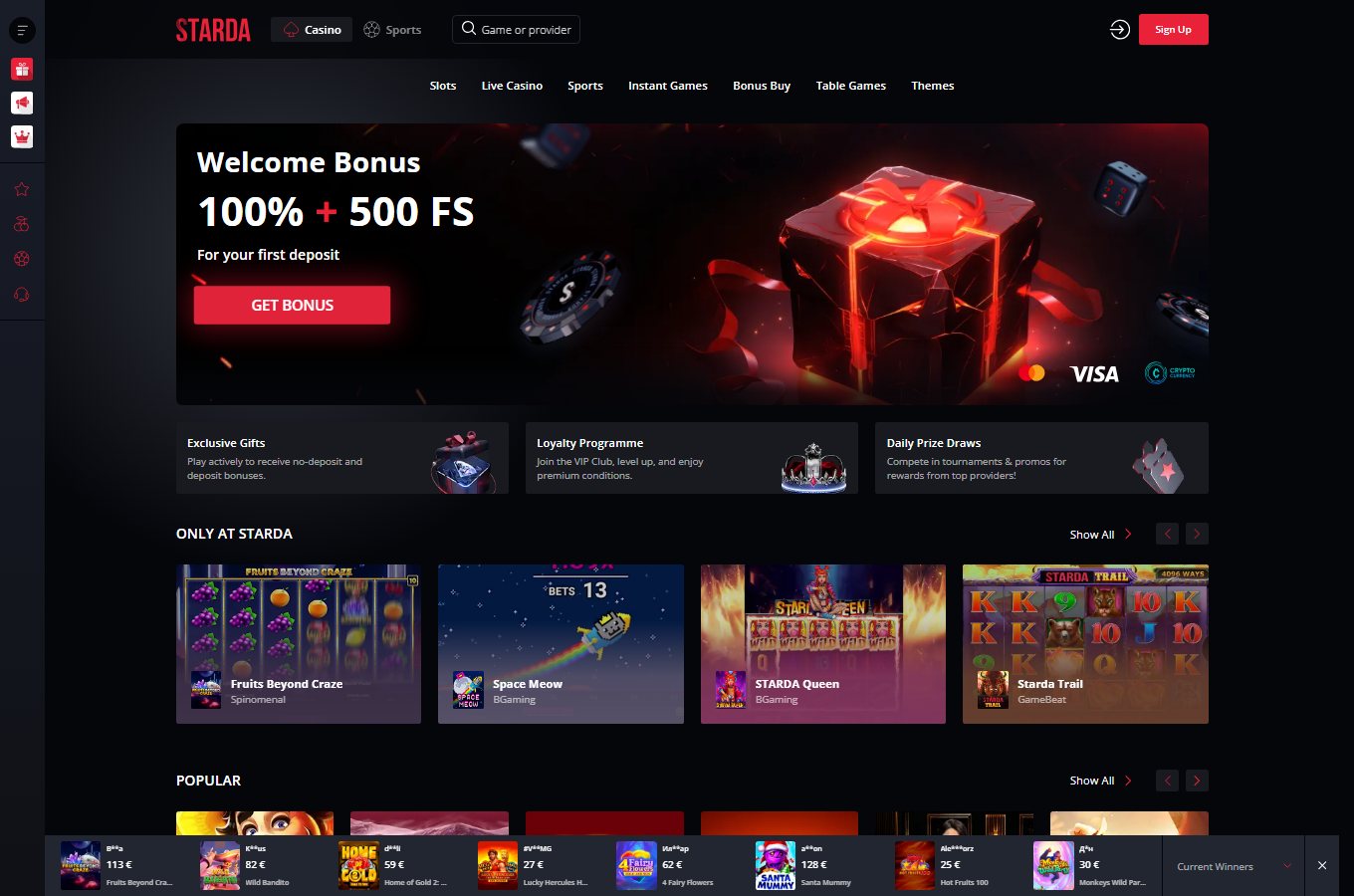 Starda Casino official homepage welcome and bonus banner