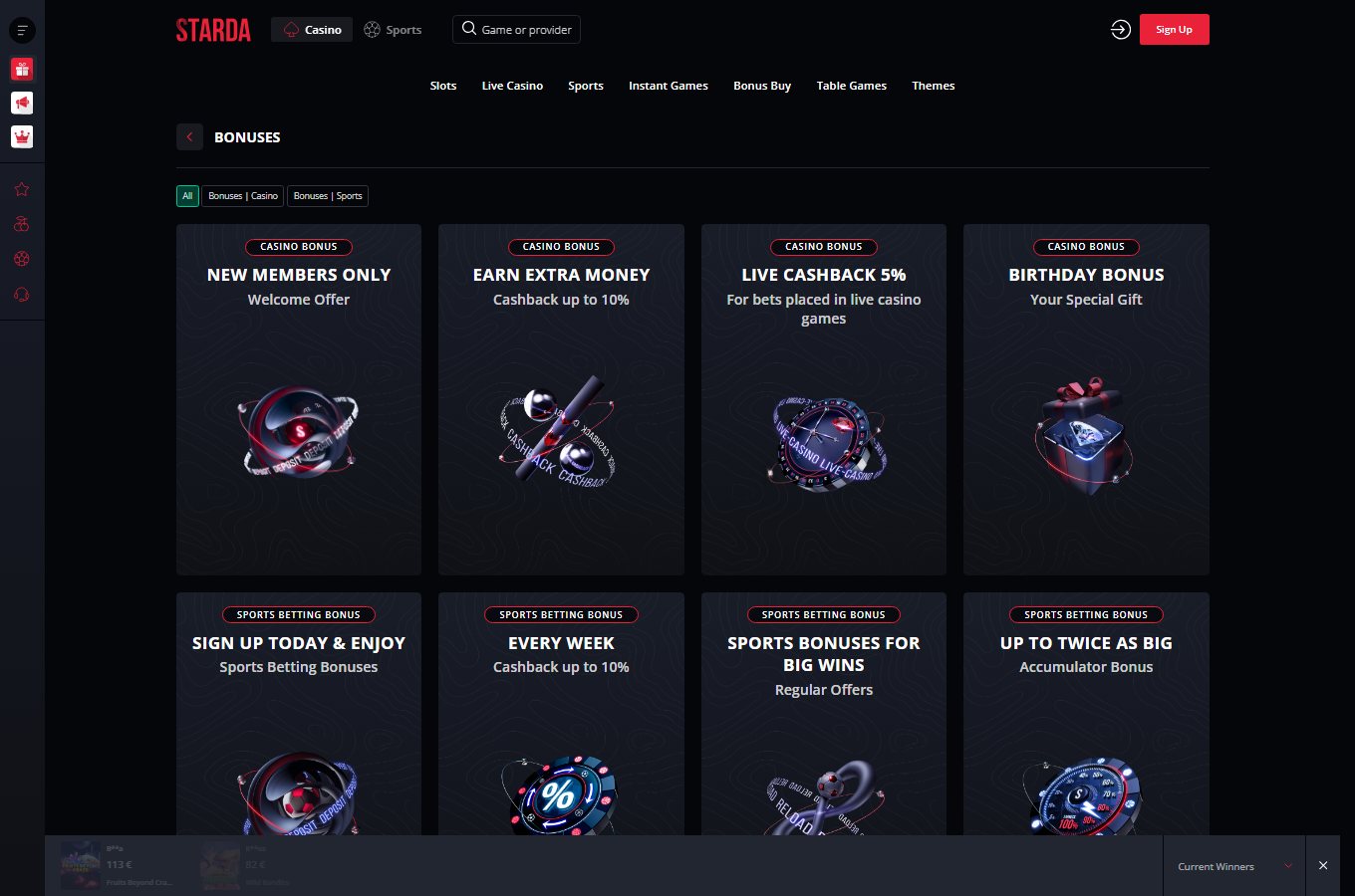 Starda Casino bonuses and promotions page screenshot