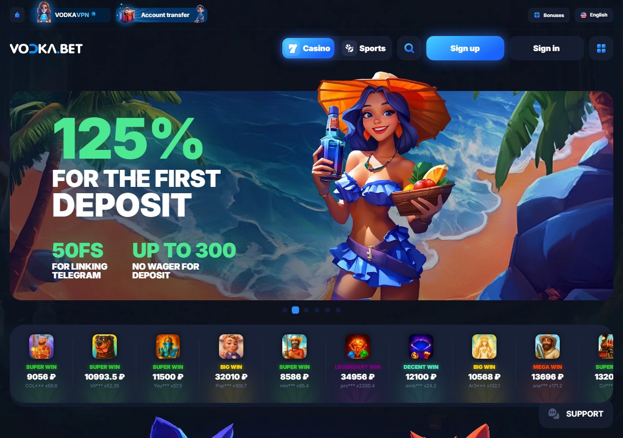 Vodka Casino homepage welcome banner showing 125% first deposit, Telegram free spins and no-wager deposit spins