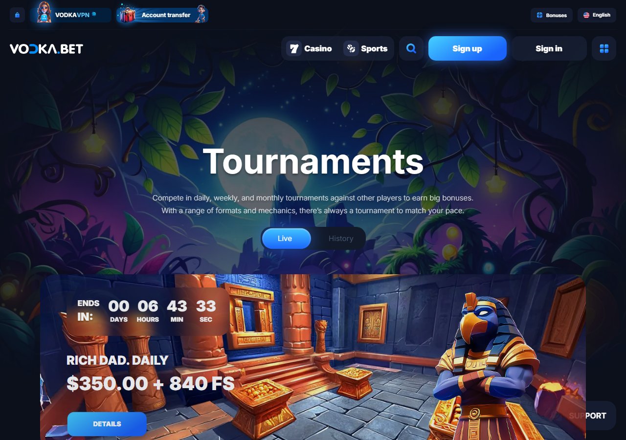 Vodka Casino tournaments page showing daily weekly and monthly events